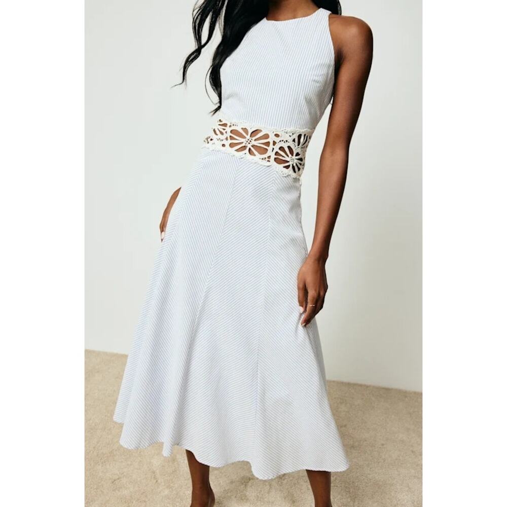 NWOT Just Me Shya Blue and White Striped Crochet Lace Midi Dress S - Picture 3 of 4